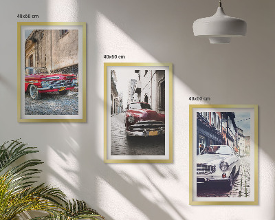Conjunto de 3 quadros com moldura Carros clássicos nas cidades