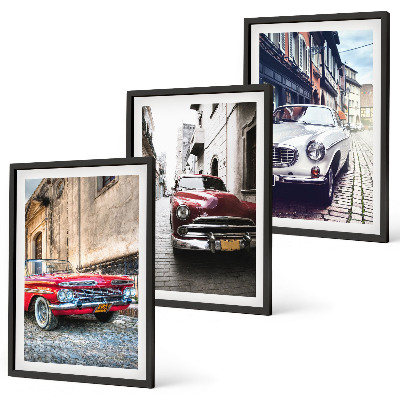 Conjunto de 3 quadros com moldura Carros clássicos nas cidades