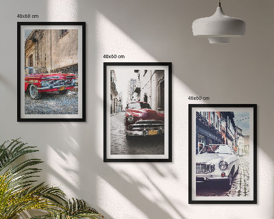Conjunto de 3 quadros com moldura Carros clássicos nas cidades