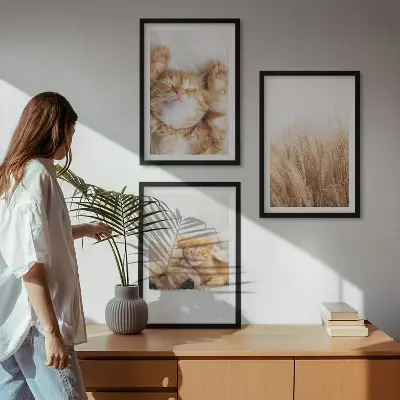Conjunto de quadros para sala de estar com estampas de animais fofos, gatos e cachorros em estilo boho