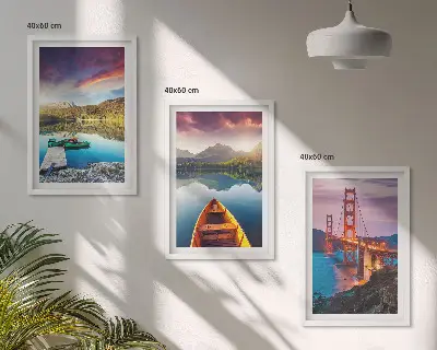 Conjunto de 3 quadros com moldura com vistas das montanhas para o lago e pontes