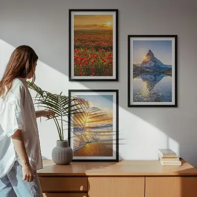 Composição de quadros moderna com paisagens de montanhas e mares no oeste