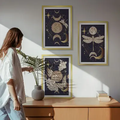 Conjunto de quadros decorativos modernos com motivos de natureza, lua e flores