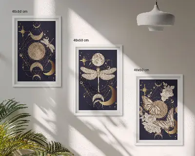 Conjunto de quadros decorativos modernos com motivos de natureza, lua e flores