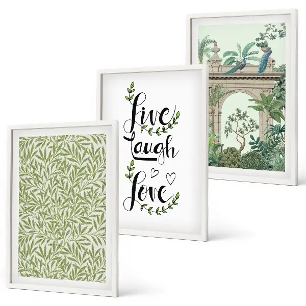 Conjunto de 3 quadros com moldura com estampas de folhas verdes de arquitetura botânica