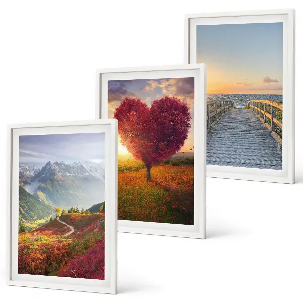 Conjunto de quadros para sala de estar com paisagens de montanhas, árvores, coração e píer