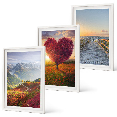 Conjunto de quadros para sala de estar Paisagens montanhas árvore coração píer