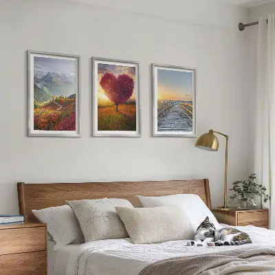 Conjunto de quadros para sala de estar com paisagens de montanhas, árvores, coração e píer