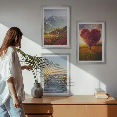 Conjunto de quadros para sala de estar com paisagens de montanhas, árvores, coração e píer