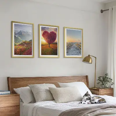 Conjunto de quadros para sala de estar com paisagens de montanhas, árvores, coração e píer