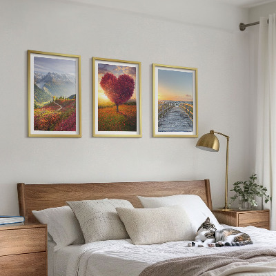 Conjunto de quadros para sala de estar Paisagens montanhas árvore coração píer