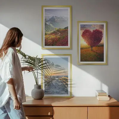 Conjunto de quadros para sala de estar com paisagens de montanhas, árvores, coração e píer