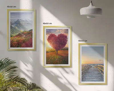 Conjunto de quadros para sala de estar com paisagens de montanhas, árvores, coração e píer