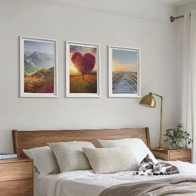 Conjunto de quadros para sala de estar com paisagens de montanhas, árvores, coração e píer