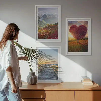 Conjunto de quadros para sala de estar com paisagens de montanhas, árvores, coração e píer