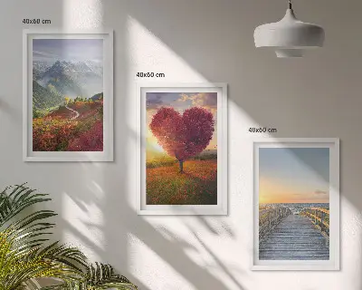 Conjunto de quadros para sala de estar com paisagens de montanhas, árvores, coração e píer