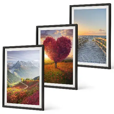 Conjunto de quadros para sala de estar com paisagens de montanhas, árvores, coração e píer