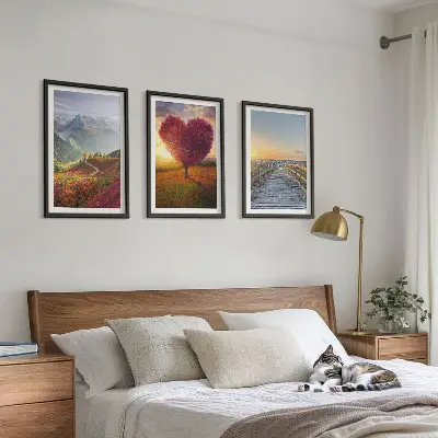 Conjunto de quadros para sala de estar com paisagens de montanhas, árvores, coração e píer