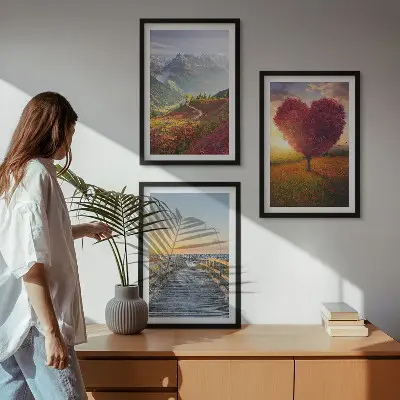 Conjunto de quadros para sala de estar com paisagens de montanhas, árvores, coração e píer