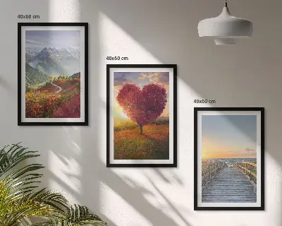 Conjunto de quadros para sala de estar com paisagens de montanhas, árvores, coração e píer
