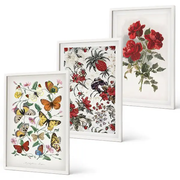 Conjunto de 3 quadros com moldura estampa de borboletas com flores e rosas vermelhas