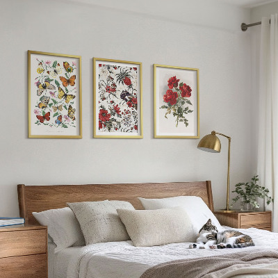 Conjunto de 3 quadros com moldura Borboletas, flores, rosas vermelhas