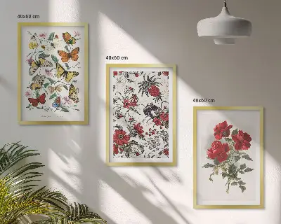 Conjunto de 3 quadros com moldura estampa de borboletas com flores e rosas vermelhas