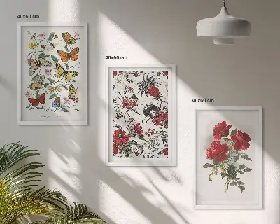Conjunto de 3 quadros com moldura estampa de borboletas com flores e rosas vermelhas