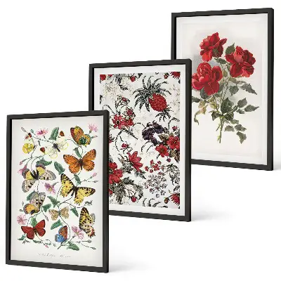 Conjunto de 3 quadros com moldura estampa de borboletas com flores e rosas vermelhas