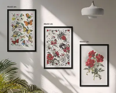 Conjunto de 3 quadros com moldura estampa de borboletas com flores e rosas vermelhas