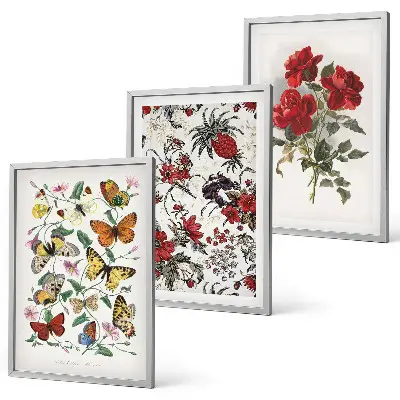 Conjunto de 3 quadros com moldura estampa de borboletas com flores e rosas vermelhas