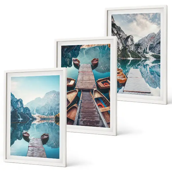 Conjunto de quadros para sala de estar com tema de píeres do lago e barcos