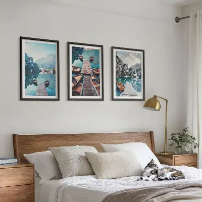 Conjunto de quadros para sala de estar com tema de píeres do lago e barcos