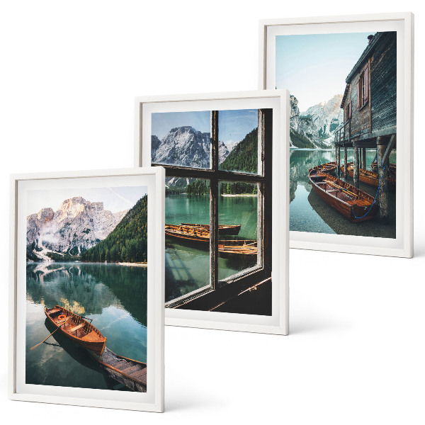 Composição de quadros moderna casa de barcos no lago da montanha