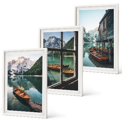 Composição de quadros moderna casa de barcos no lago da montanha