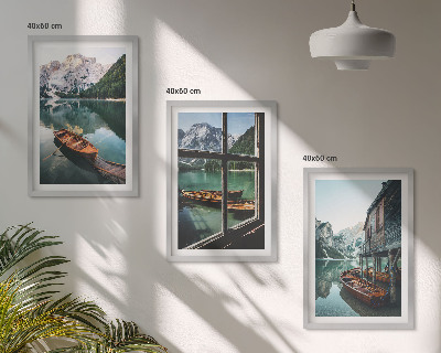 Composição de quadros moderna casa de barcos no lago da montanha