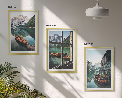 Composição de quadros moderna casa de barcos no lago da montanha