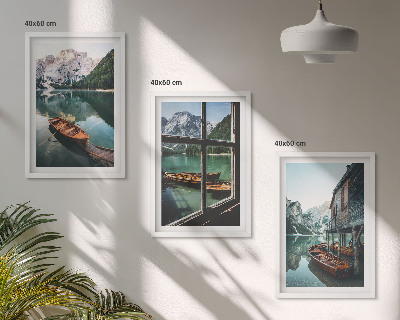 Composição de quadros moderna casa de barcos no lago da montanha