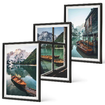 Composição de quadros moderna casa de barcos no lago da montanha