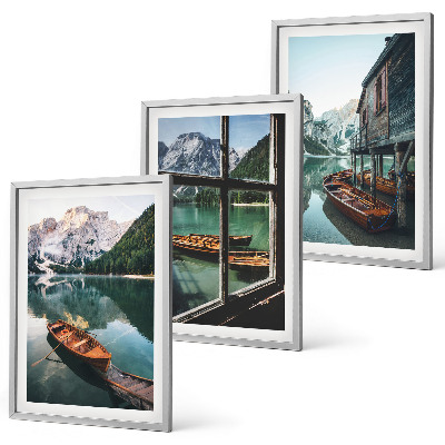 Composição de quadros moderna casa de barcos no lago da montanha
