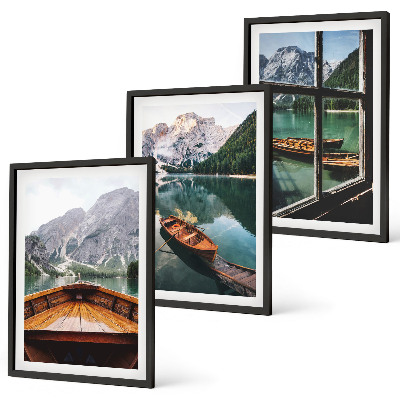 Conjunto de 3 quadros com moldura janela de barcos no lago da montanha