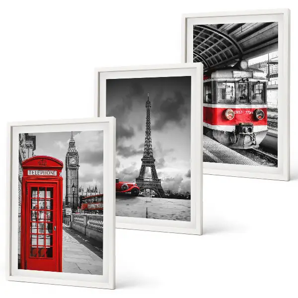 Conjunto de quadros para sala de estar com ícones do transporte de Londres e Paris
