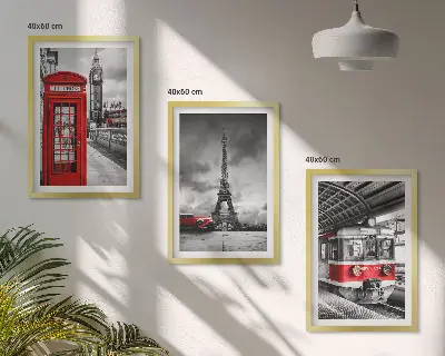 Conjunto de quadros para sala de estar com ícones do transporte de Londres e Paris