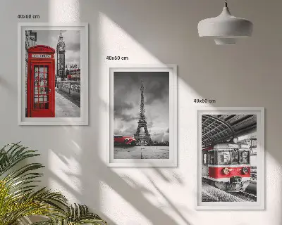 Conjunto de quadros para sala de estar com ícones do transporte de Londres e Paris