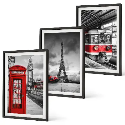 Conjunto de quadros para sala de estar com ícones do transporte de Londres e Paris
