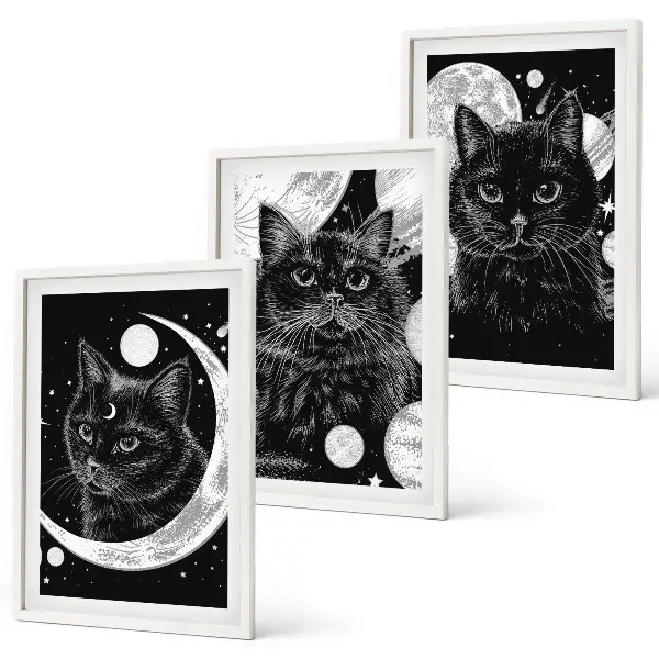 Composição de quadros moderna com gatos pretos, lua e espaço