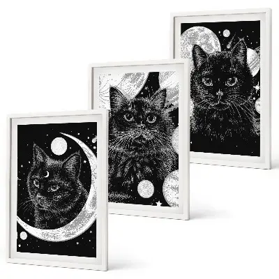 Composição de quadros moderna com gatos pretos, lua e espaço