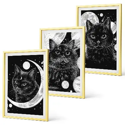 Composição de quadros moderna com gatos pretos, lua e espaço