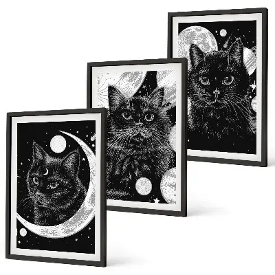 Composição de quadros moderna com gatos pretos, lua e espaço