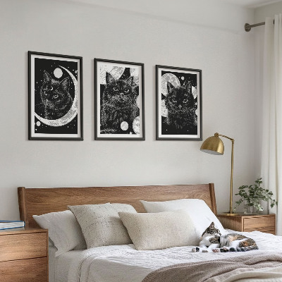 Composição de quadros moderna gatos pretos lua espaço
